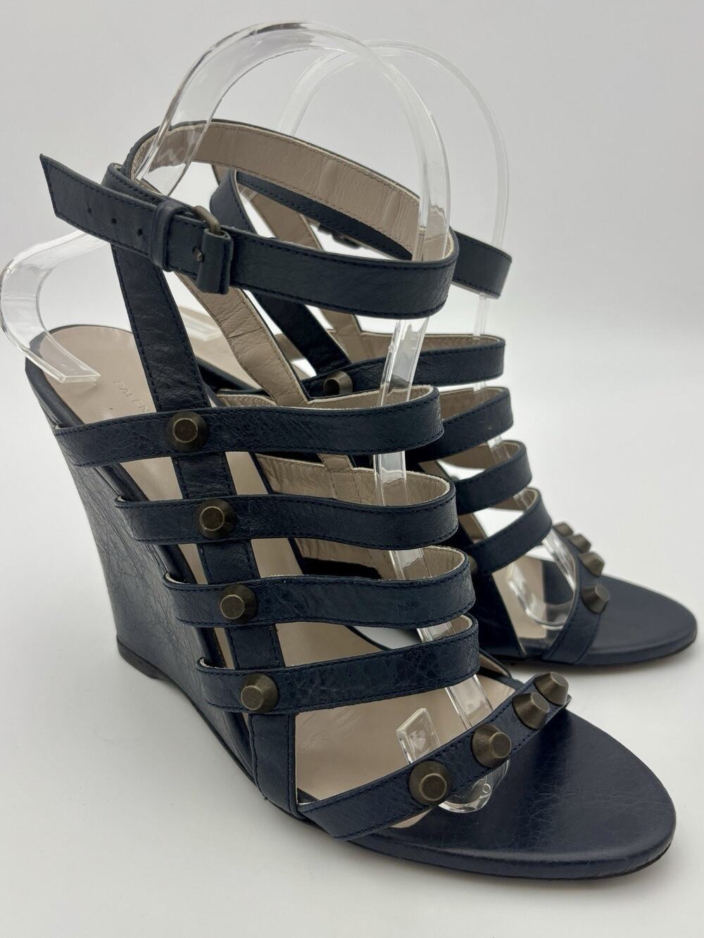 Balenciaga Wedge Sandals Navy Blue Leather Studded Size 39 / 9 Ankle Strap